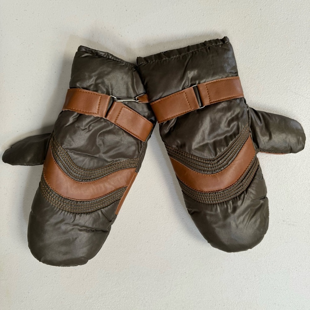 vintage mittens snow ski gloves brown nylon down feather brown duo tone medium - Picture 3 of 9